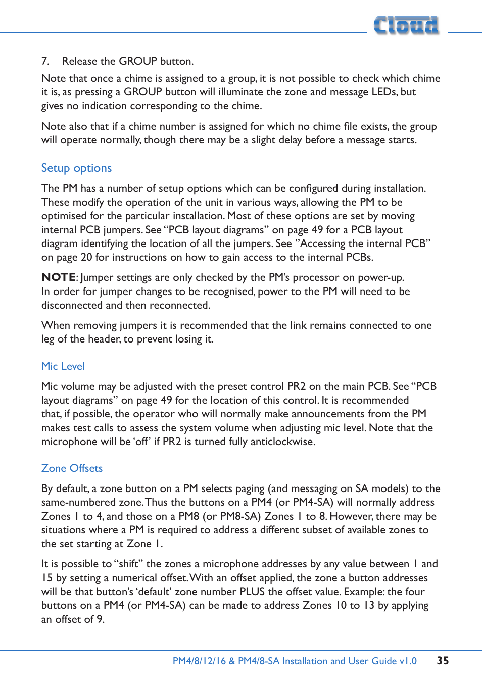 Setup options | Cloud Electronics PM16 User Manual | Page 35 / 56
