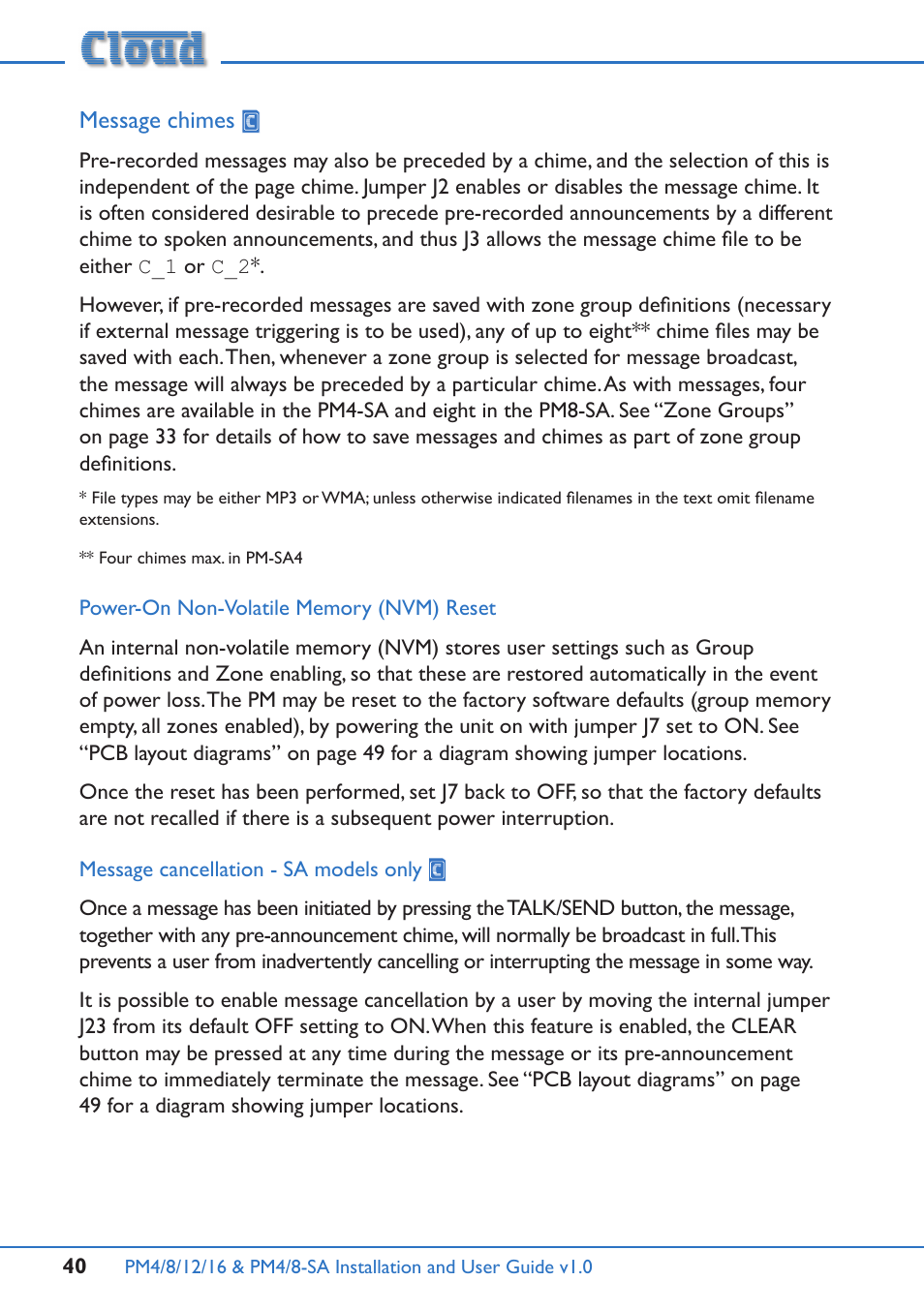 Message chimes | Cloud Electronics PM16 User Manual | Page 40 / 56