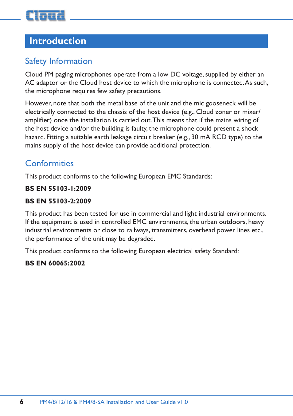 Introduction, Safety information, Conformities | Safety information conformities | Cloud Electronics PM16 User Manual | Page 6 / 56