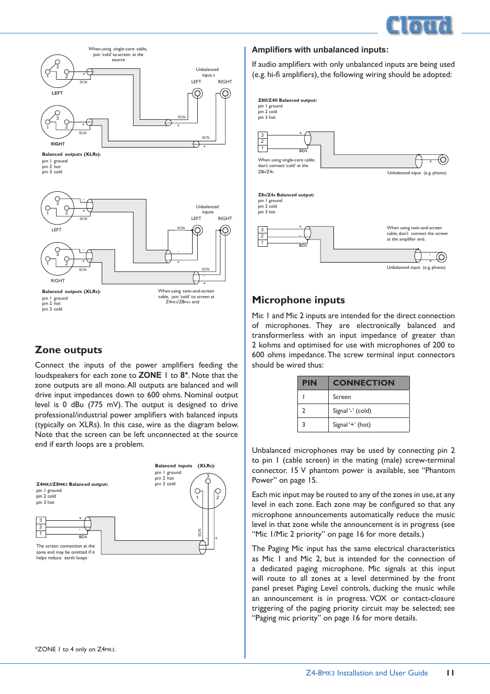 Zone outputs microphone inputs, Zone outputs, Microphone inputs | Z4-8, Installation and user guide 11 | Cloud Electronics Z4MK3 User Manual | Page 11 / 28