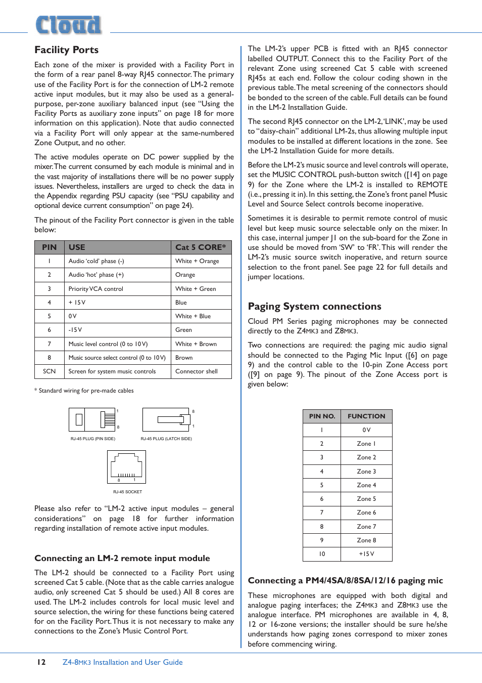 Facility ports, Paging system connections, Connecting an lm-2 remote input module | Cloud Electronics Z4MK3 User Manual | Page 12 / 28