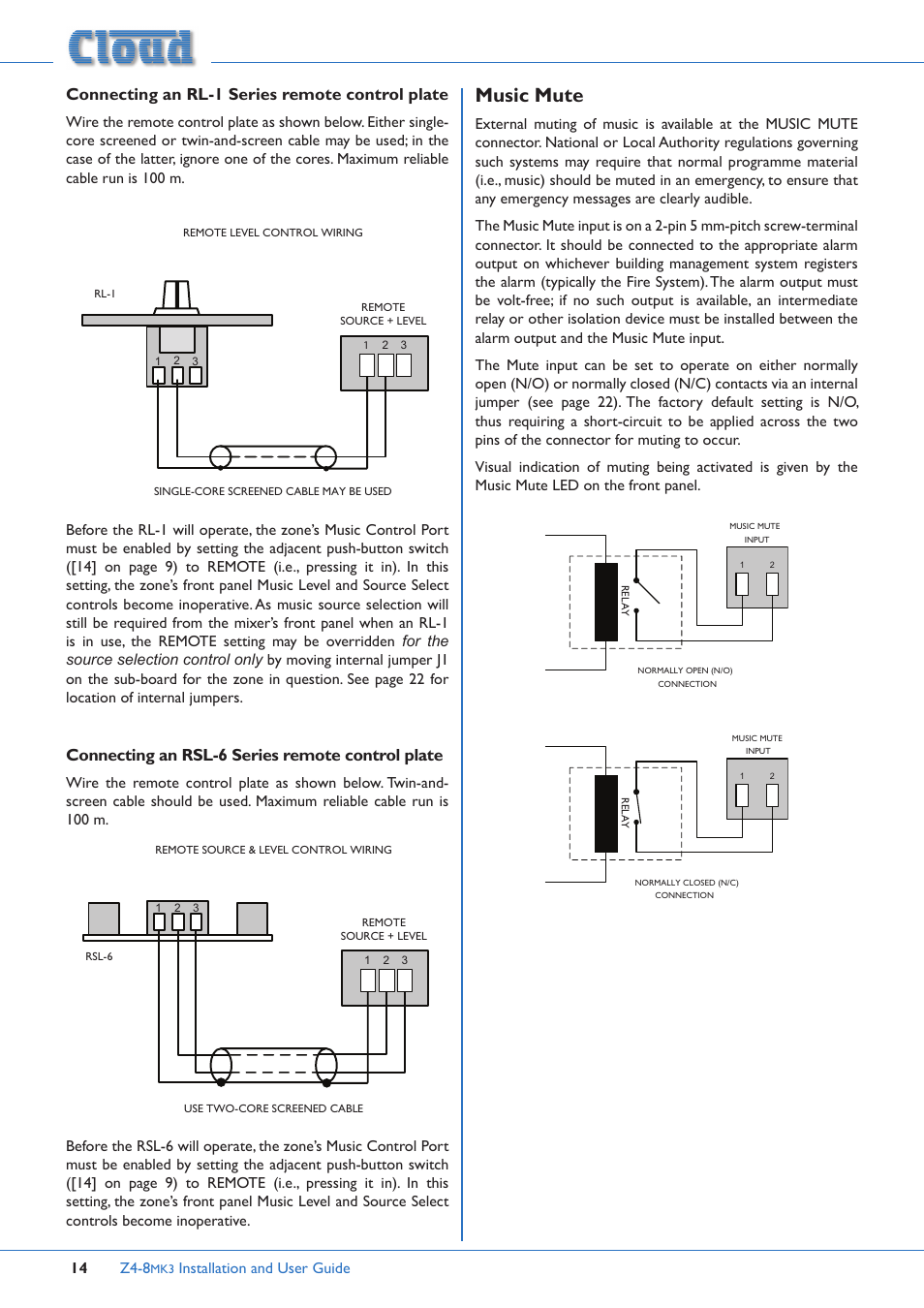 Music mute, 14 and, Connecting an rl-1 series remote control plate | Connecting an rsl-6 series remote control plate, Z4-8, Installation and user guide 14 | Cloud Electronics Z4MK3 User Manual | Page 14 / 28
