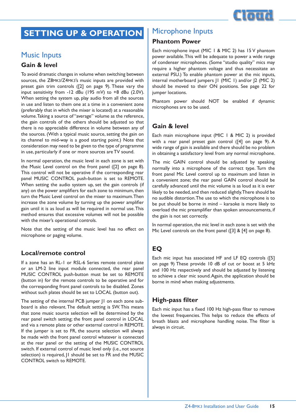 Setting up & operation, Music inputs, Gain & level local/remote control | Microphone inputs, Phantom power, Gain & level eq high-pass filter | Cloud Electronics Z4MK3 User Manual | Page 15 / 28