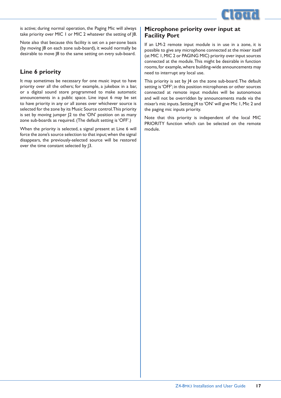 Line 6 priority, Microphone priority over input at facility port | Cloud Electronics Z4MK3 User Manual | Page 17 / 28