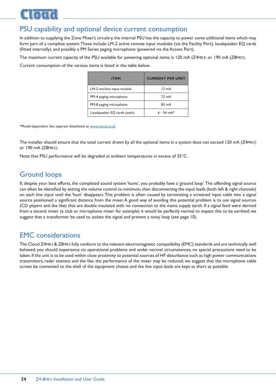 Pacity (see “psu capability and, Ground loops, Emc considerations | Cloud Electronics Z4MK3 User Manual | Page 24 / 28