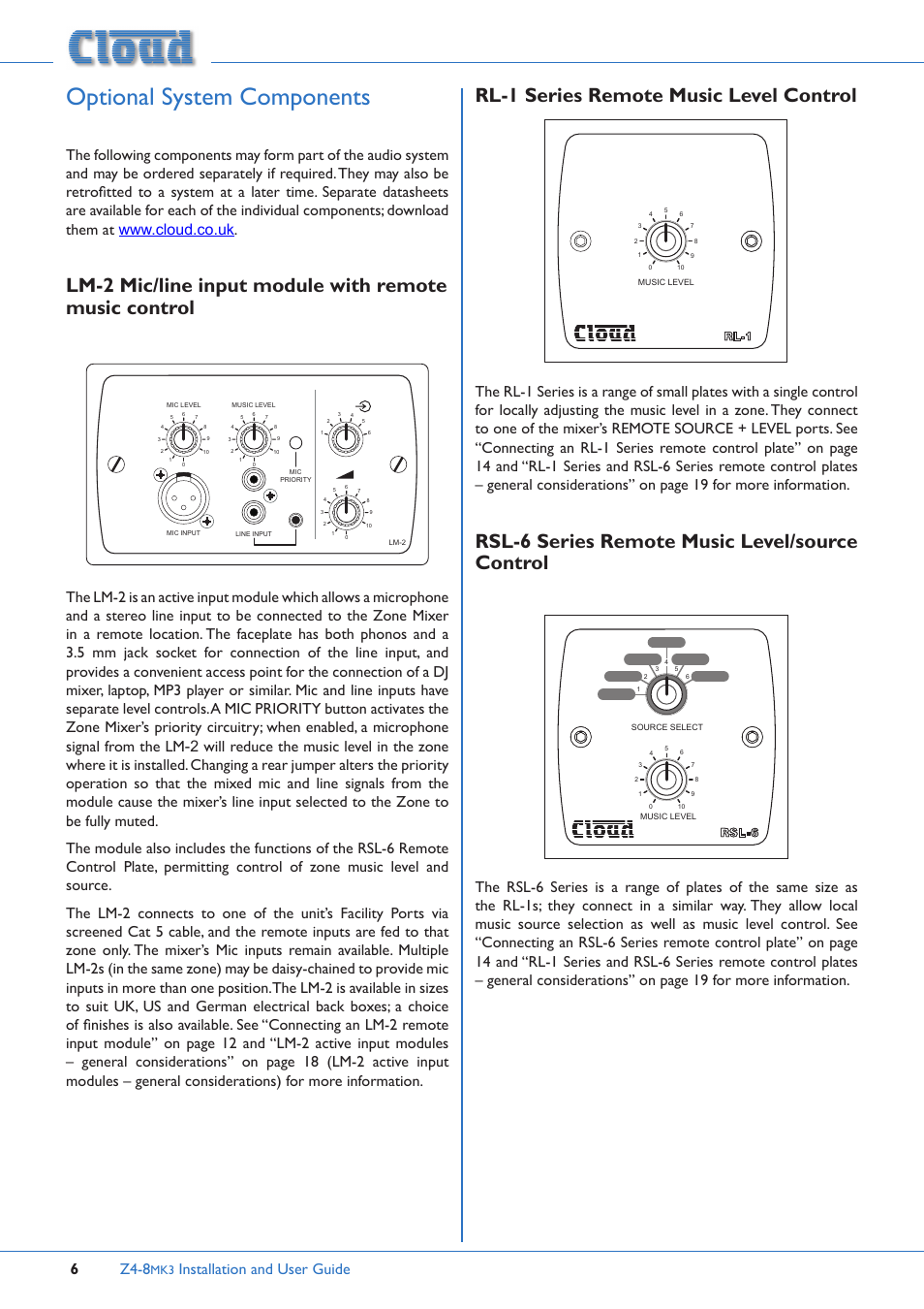 Optional system components, Rsl-6 series remote music level/source control, Rl-1 series remote music level control | Z4-8, Installation and user guide 6, Rl-1, Rsl 6 | Cloud Electronics Z4MK3 User Manual | Page 6 / 28