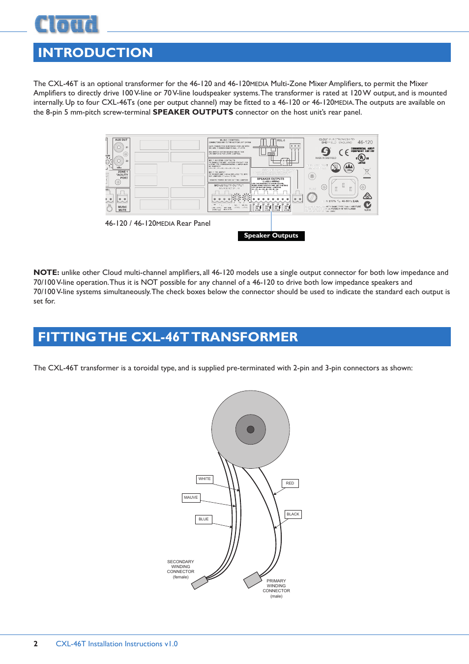 Introduction, Fitting the cxl-46t transformer | Cloud Electronics 46-120 - CXL-46T User Manual | Page 2 / 5