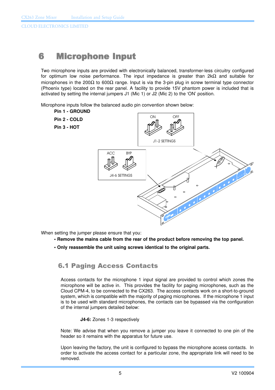 6 microphone input, 1 paging access contacts | Cloud Electronics CX263 User Manual | Page 11 / 23