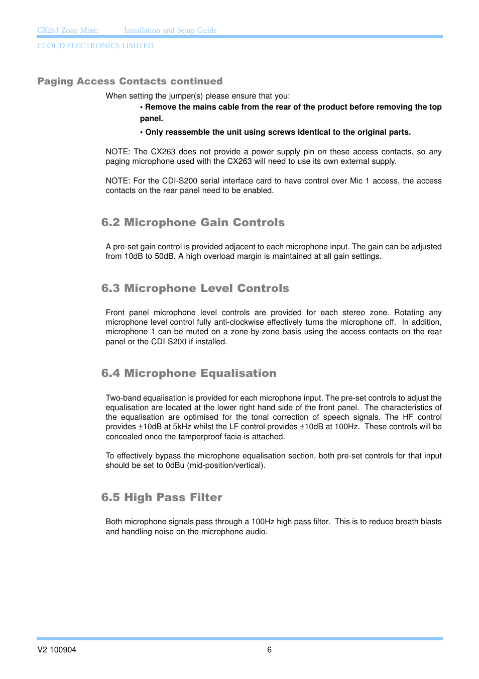2 microphone gain controls, 3 microphone level controls, 4 microphone equalisation | 5 high pass filter | Cloud Electronics CX263 User Manual | Page 12 / 23
