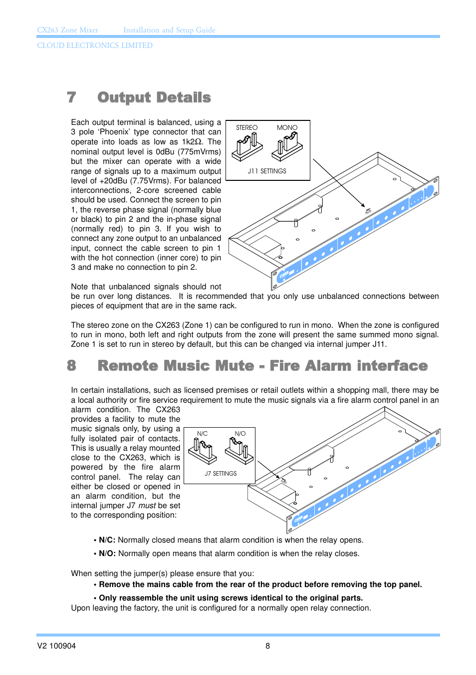 7 output details, 8 remote music mute - fire alarm interface | Cloud Electronics CX263 User Manual | Page 14 / 23
