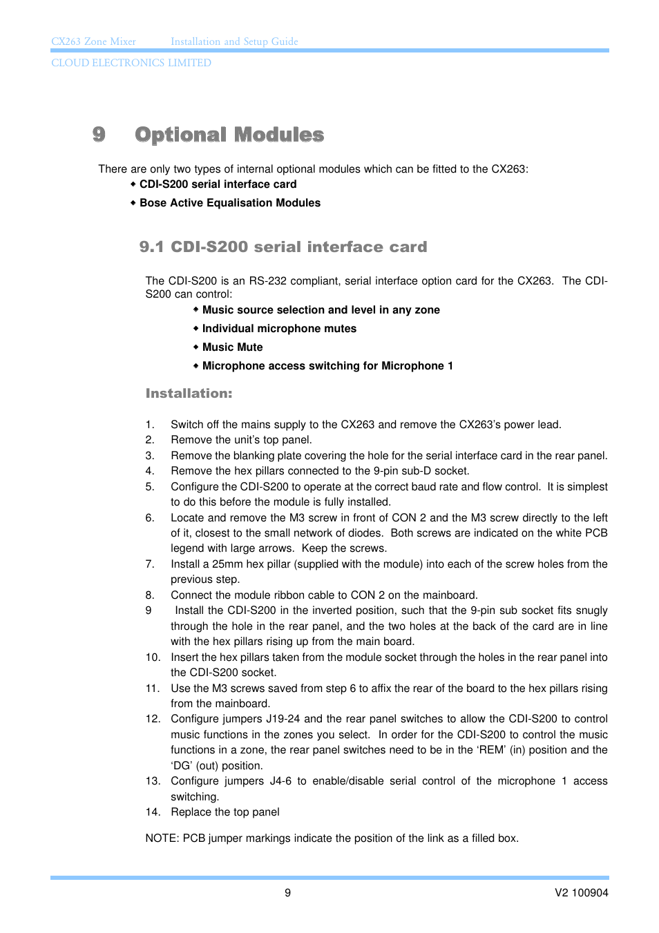 9 optional modules, 1 cdi-s200 serial interface card | Cloud Electronics CX263 User Manual | Page 15 / 23