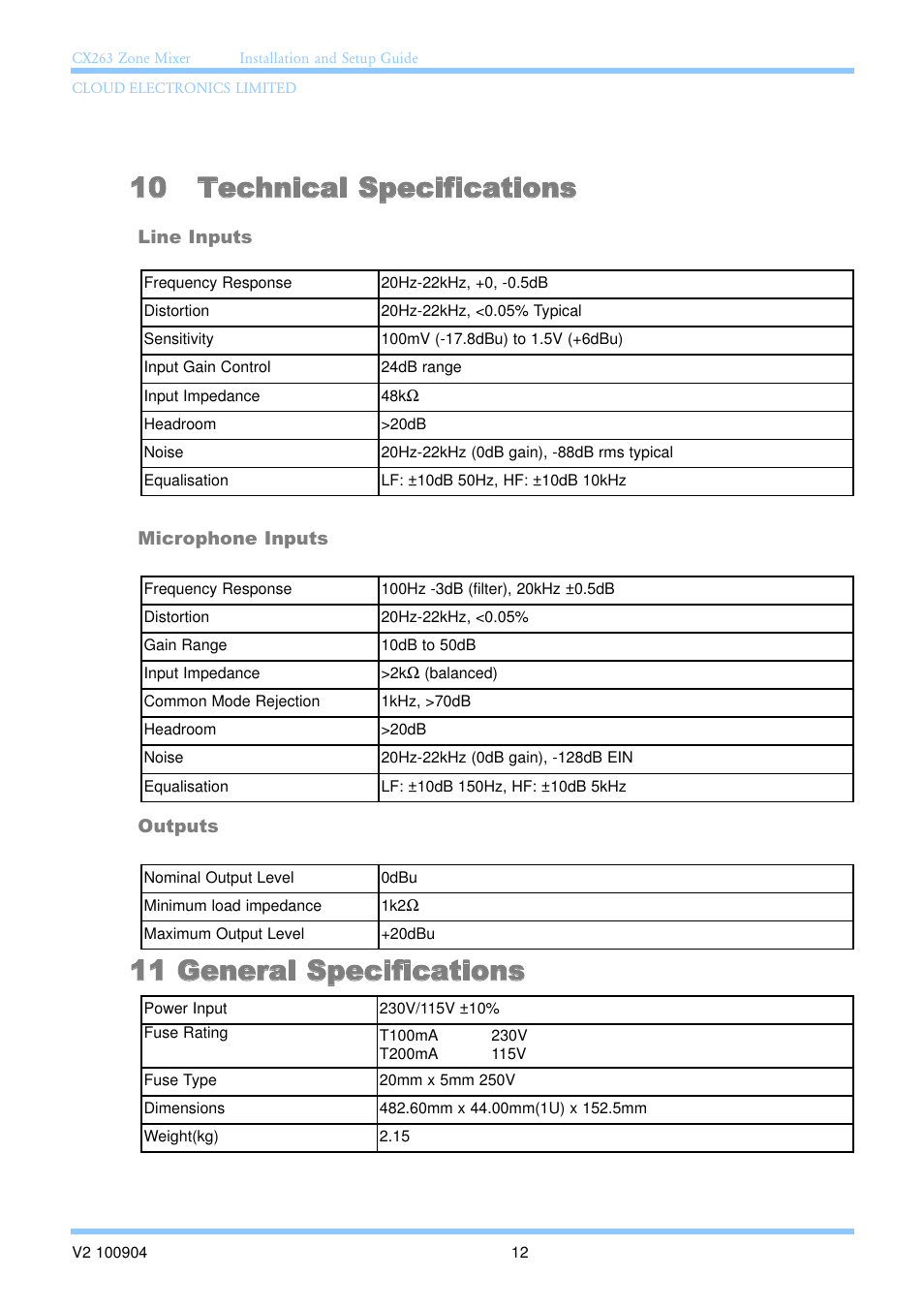 10 technical specifications, 11 general specifications | Cloud Electronics CX263 User Manual | Page 18 / 23