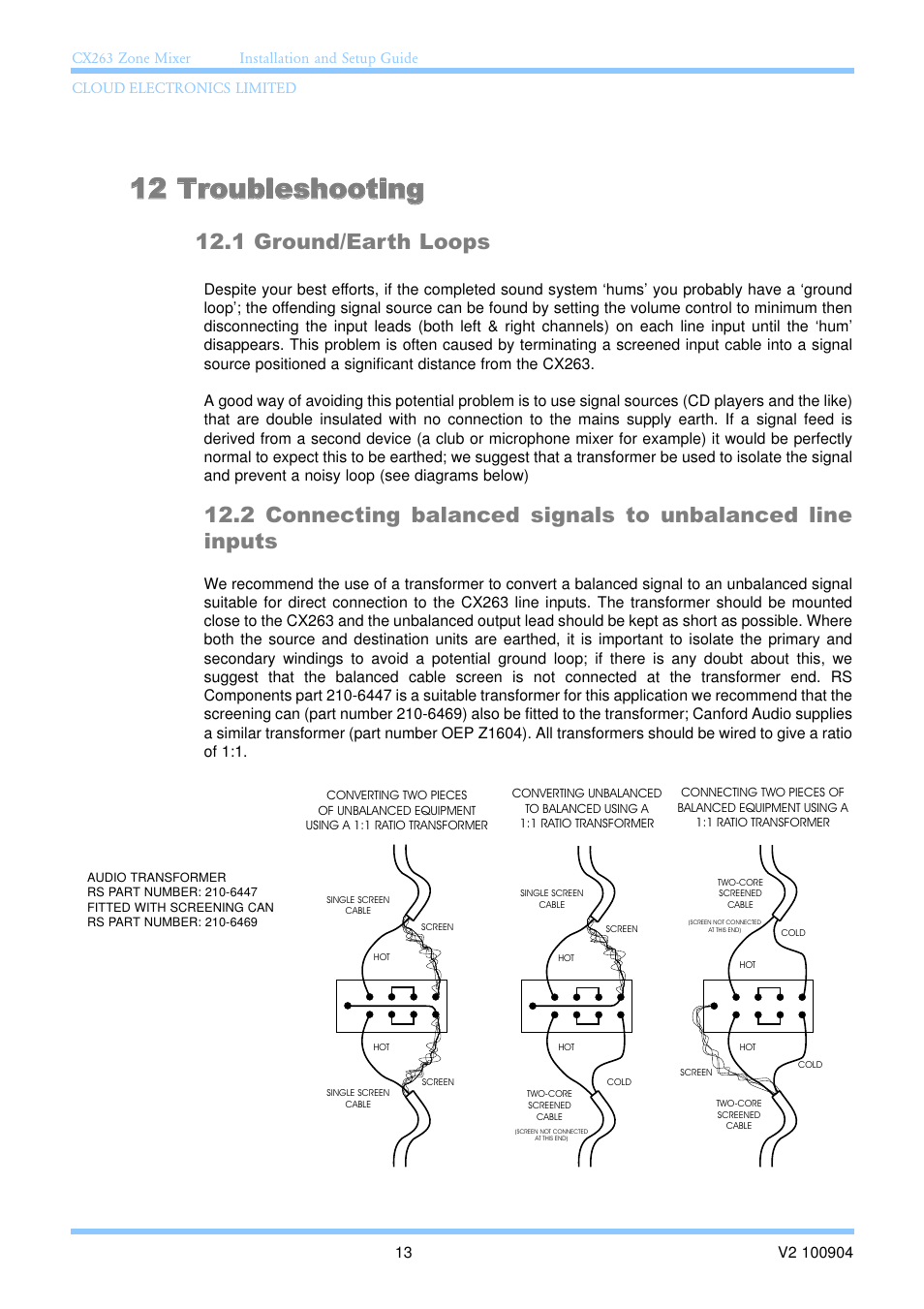 12 troubleshooting, 1 ground/earth loops | Cloud Electronics CX263 User Manual | Page 19 / 23