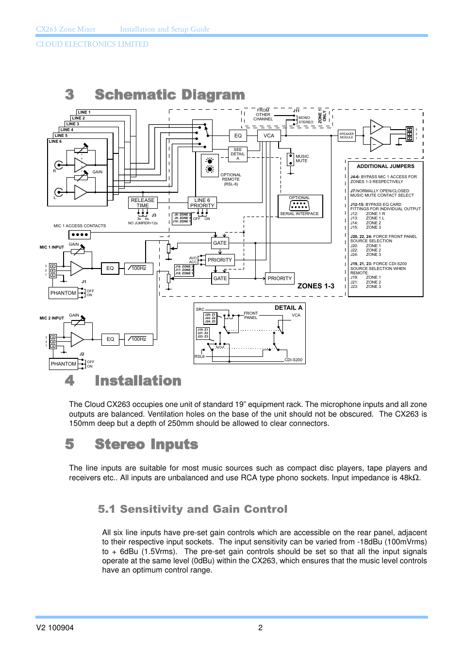 3 schematic diagram 4 installation, 5 stereo inputs, 1 sensitivity and gain control | Zones 1-3 | Cloud Electronics CX263 User Manual | Page 8 / 23