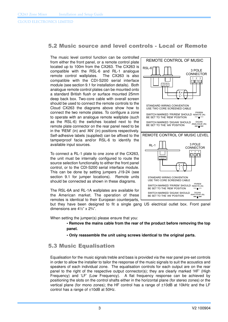 3 music equalisation, Remote control of music | Cloud Electronics CX263 User Manual | Page 9 / 23