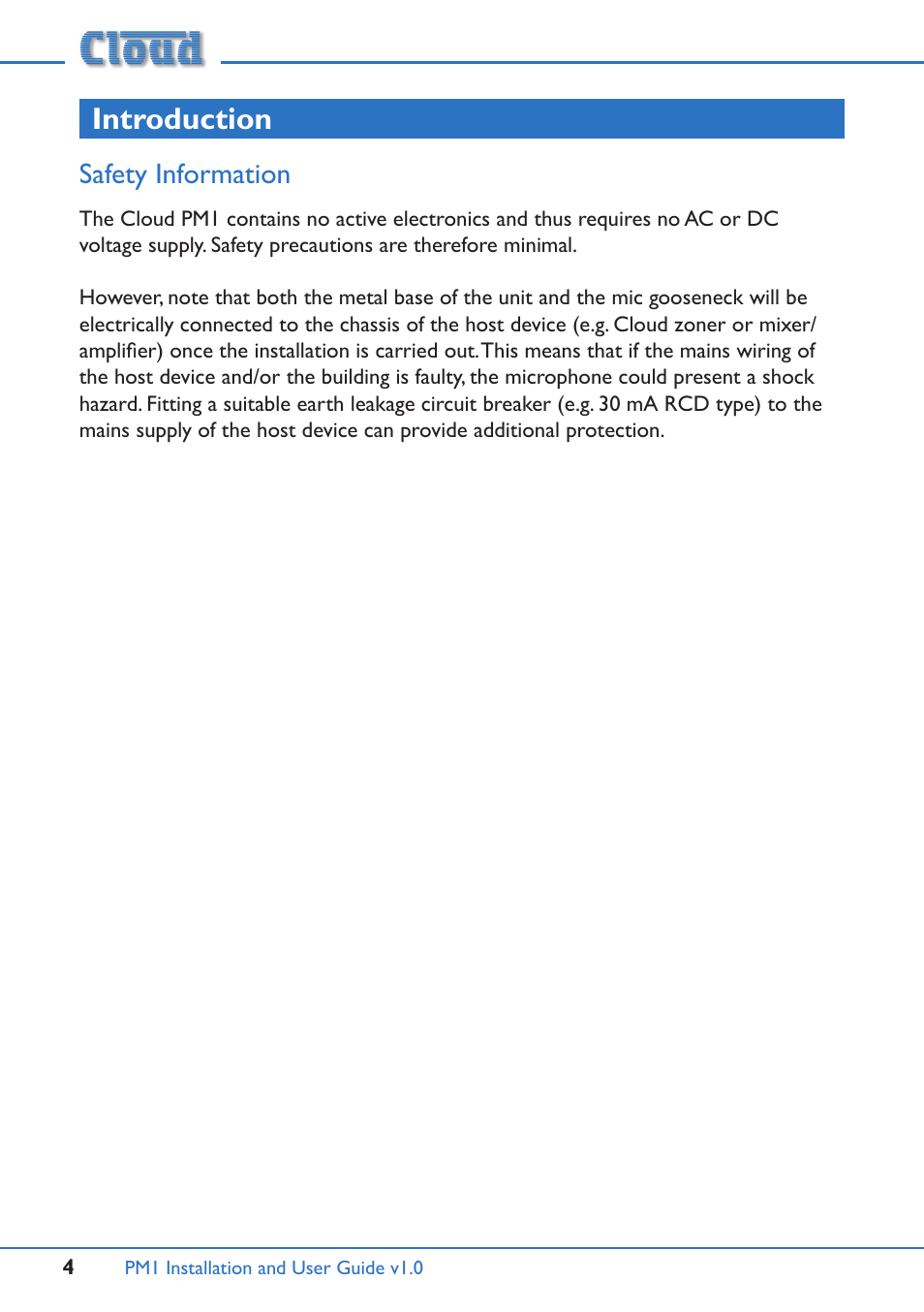 Introduction, Safety information | Cloud Electronics PM1 User Manual | Page 4 / 16