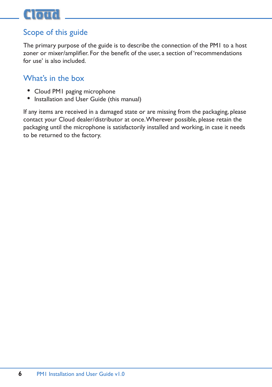 Scope of this guide, What’s in the box | Cloud Electronics PM1 User Manual | Page 6 / 16