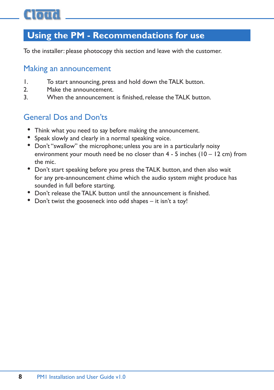 Using the pm - recommendations for use, Making an announcement general dos and don’ts, Making an announcement | General dos and don’ts | Cloud Electronics PM1 User Manual | Page 8 / 16