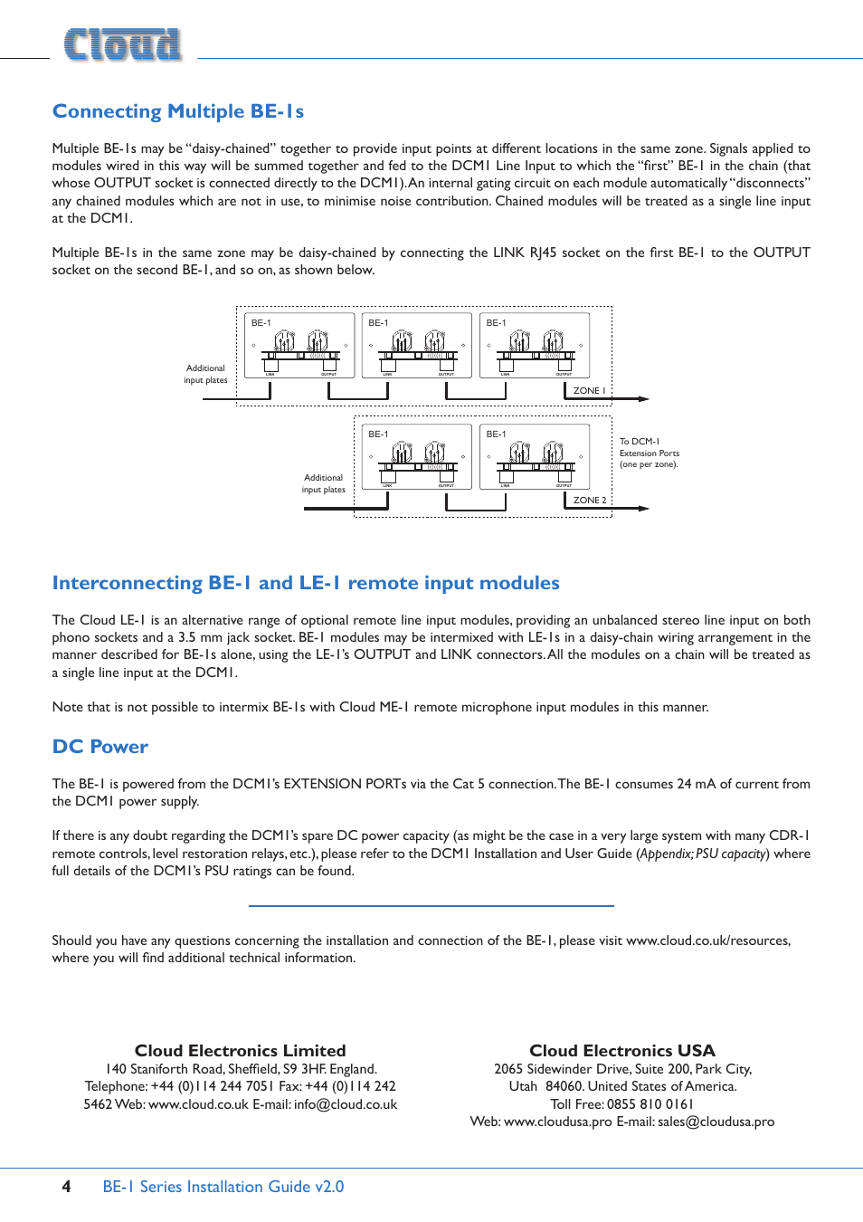 Connecting multiple be-1s, Interconnecting be-1 and le-1 remote input modules, Dc power | Be-1 series installation guide v2.0 4, Cloud electronics limited, Cloud electronics usa | Cloud Electronics BE-1B User Manual | Page 4 / 4