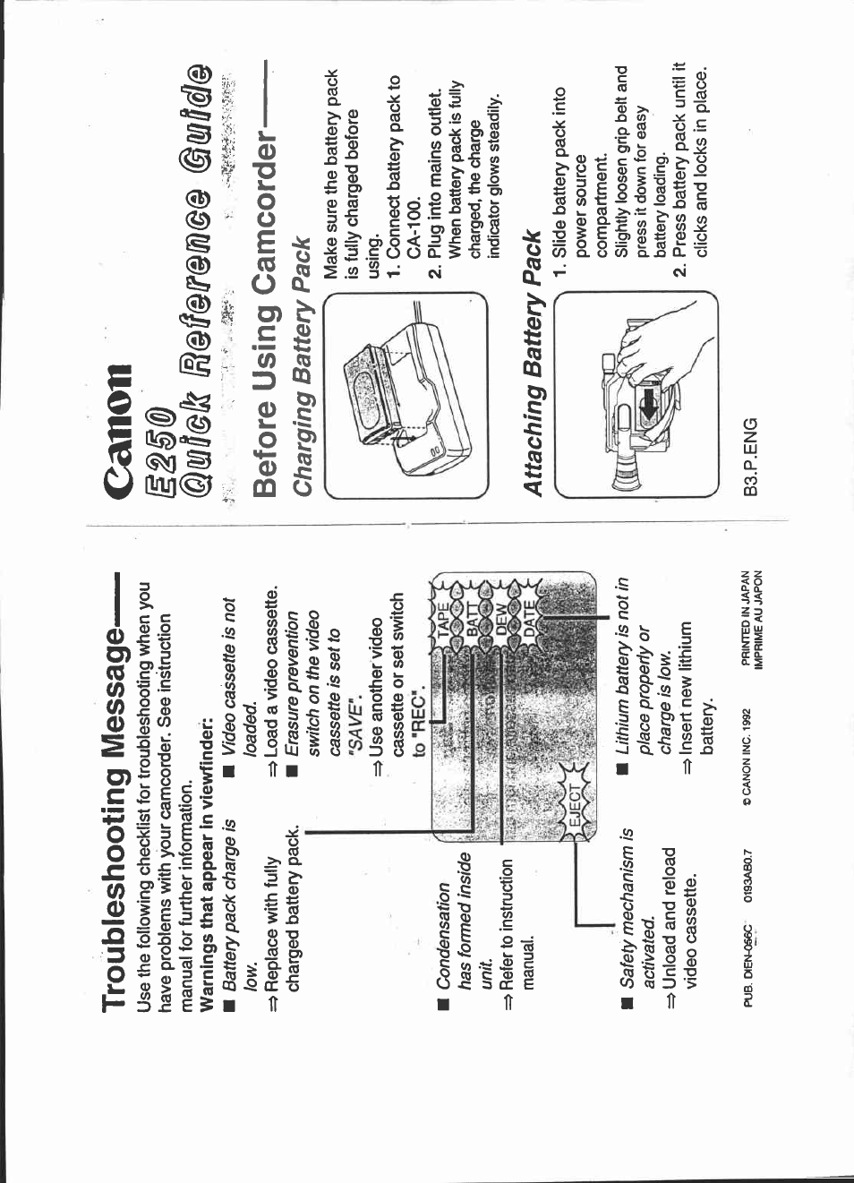 Troubleshooting message | Canon E 250 User Manual | Page 3 / 104
