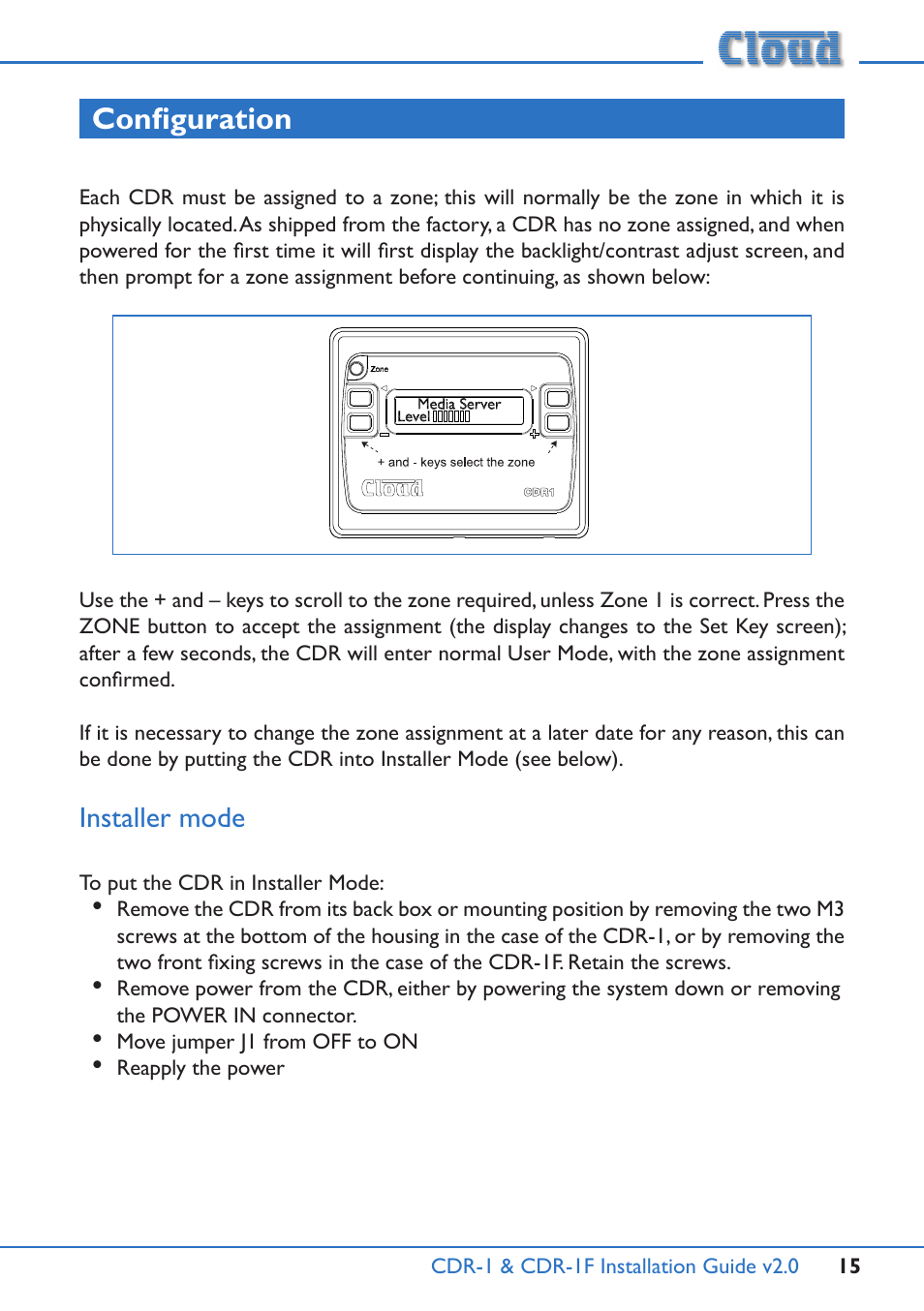 Installer mode, Configuration | Cloud Electronics CDR-1B User Manual | Page 15 / 20
