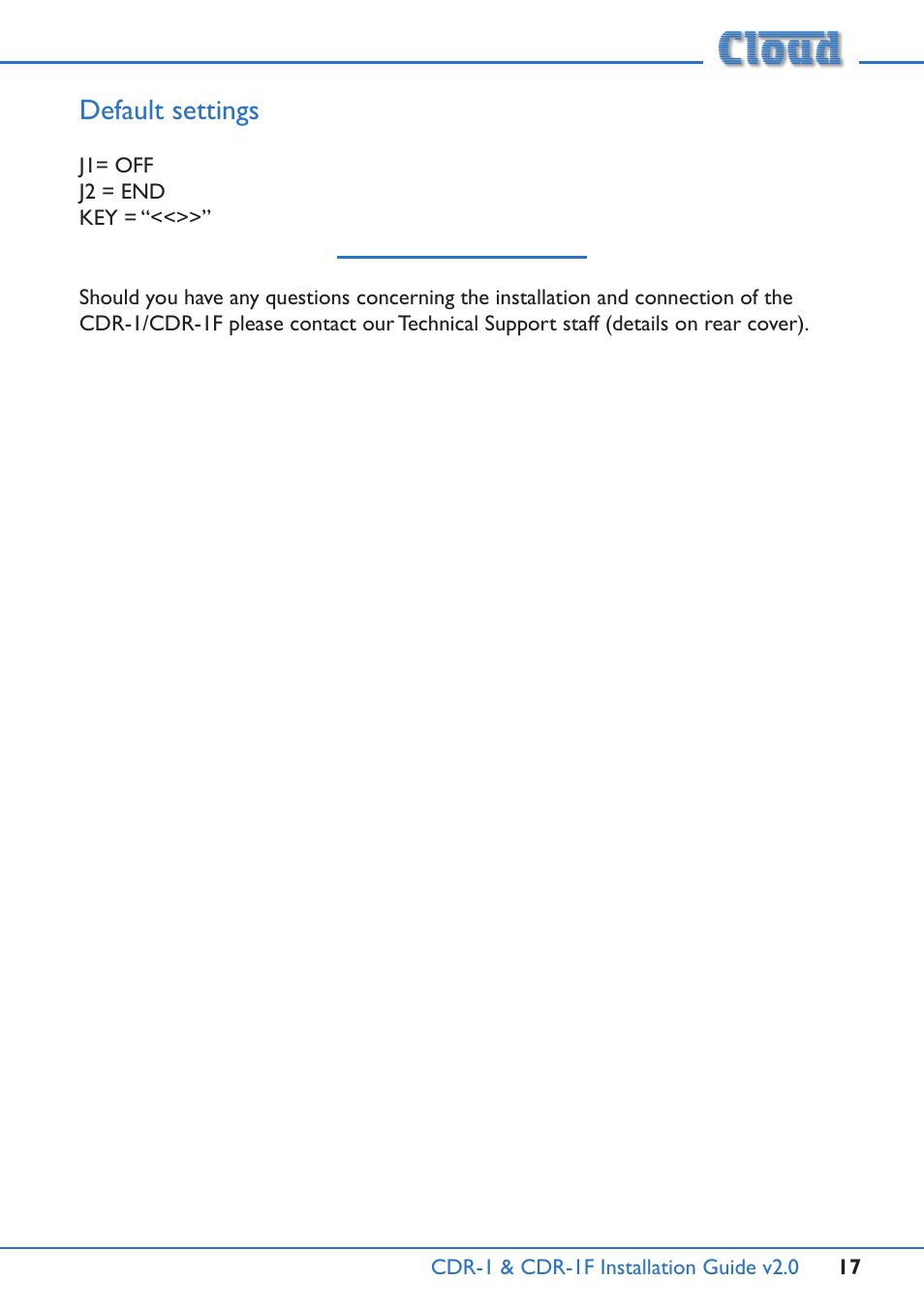 Default settings | Cloud Electronics CDR-1B User Manual | Page 17 / 20