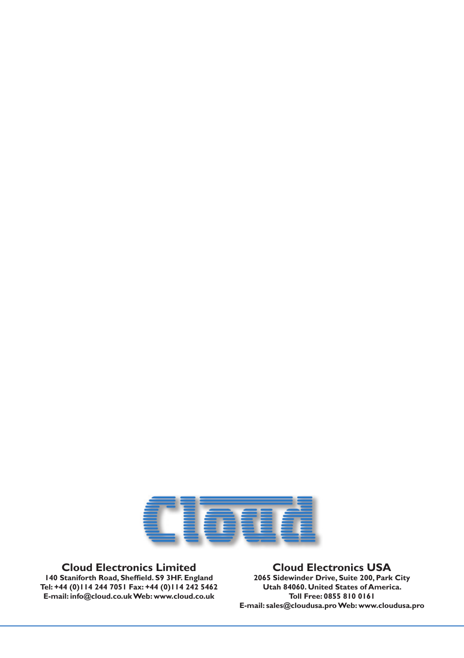 Cloud electronics limited, Cloud electronics usa | Cloud Electronics CDR-1B User Manual | Page 20 / 20