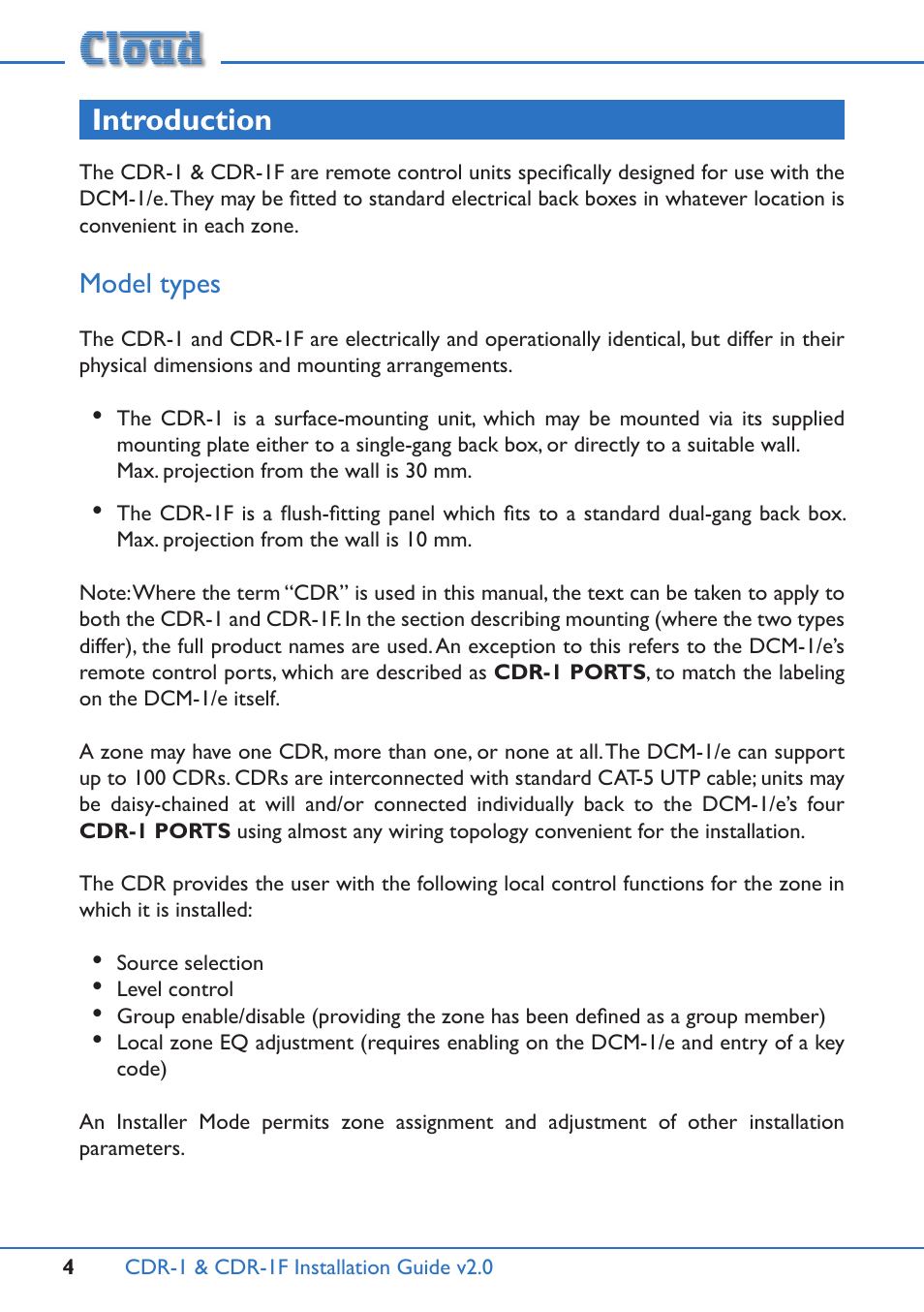 Introduction, Model types | Cloud Electronics CDR-1B User Manual | Page 4 / 20