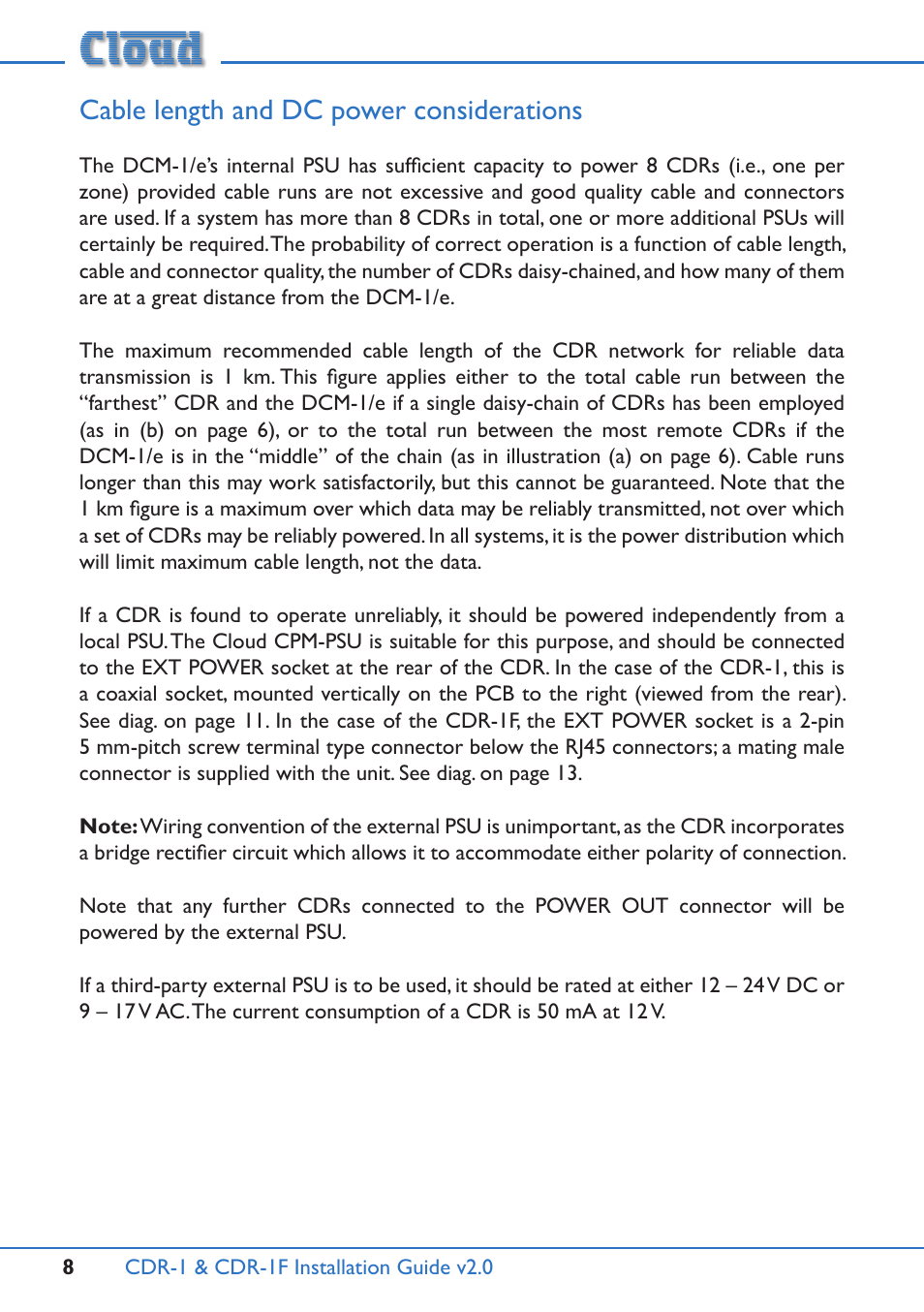 Cable length and dc power considerations | Cloud Electronics CDR-1B User Manual | Page 8 / 20