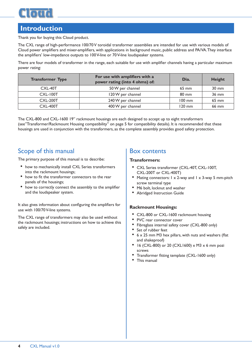 Introduction, Scope of this manual box contents, Scope of this manual | Box contents | Cloud Electronics CXL-100T User Manual | Page 4 / 12