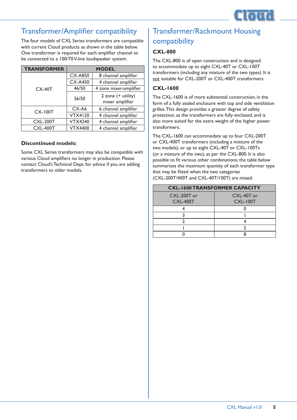 Transformer/amplifier compatibility, Transformer/rackmount housing compatibility | Cloud Electronics CXL-100T User Manual | Page 5 / 12