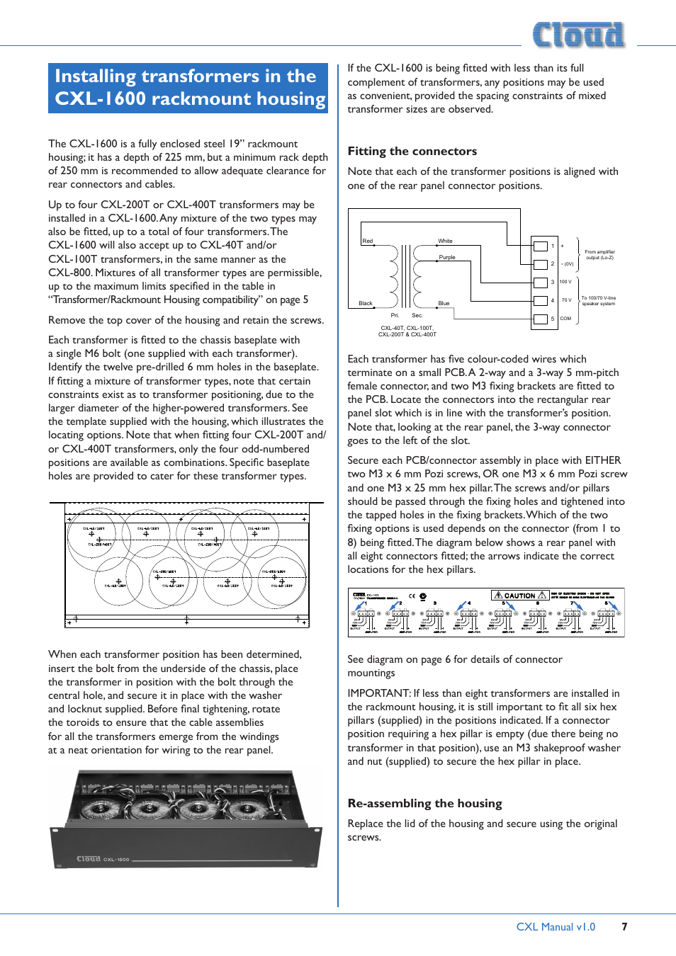 Installing transformers in the, Cxl-1600 rackmount housing, Fitting the connectors | Re-assembling the housing, Cxl manual v1.0 7 | Cloud Electronics CXL-100T User Manual | Page 7 / 12