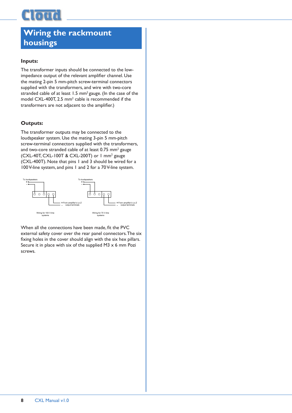 Wiring the rackmount housings, Inputs, Outputs | Cxl manual v1.0 8 | Cloud Electronics CXL-100T User Manual | Page 8 / 12