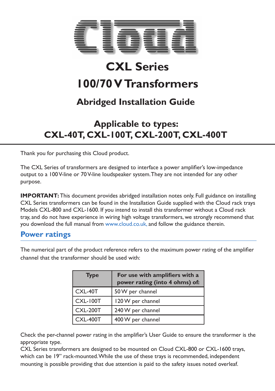 Cloud Electronics CXL-400T User Manual | 2 pages