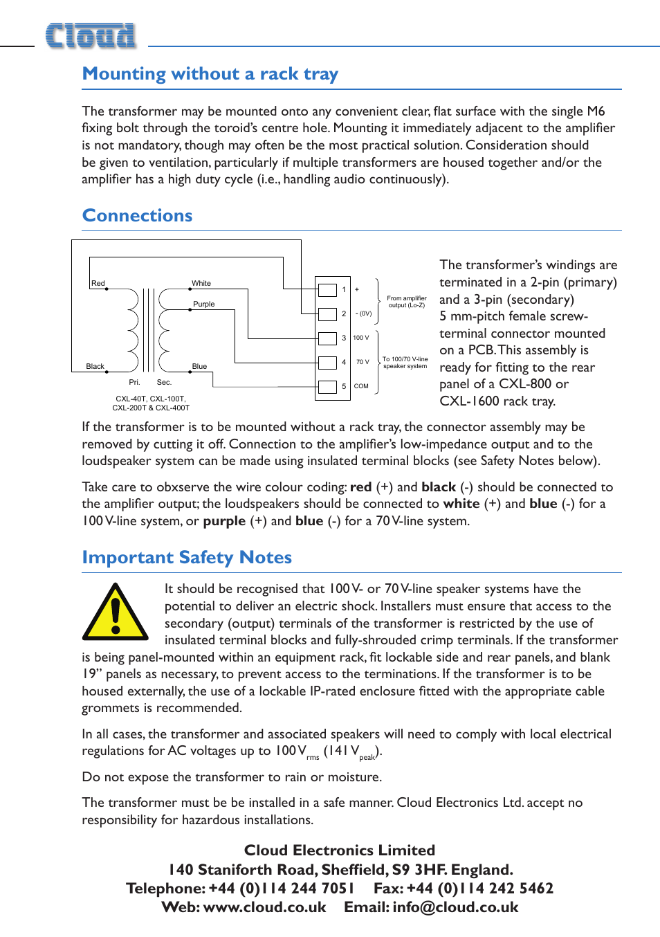 Mounting without a rack tray, Connections, 141 v | Cloud Electronics CXL-400T User Manual | Page 2 / 2