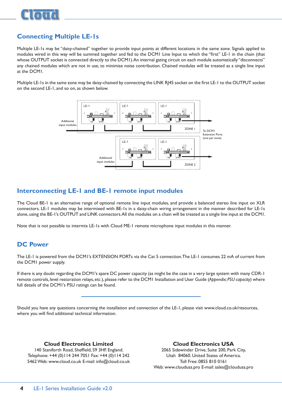 Connecting multiple le-1s, Interconnecting le-1 and be-1 remote input modules, Dc power | Le-1 series installation guide v2.0 4, Cloud electronics limited, Cloud electronics usa | Cloud Electronics LE-1MB User Manual | Page 4 / 4