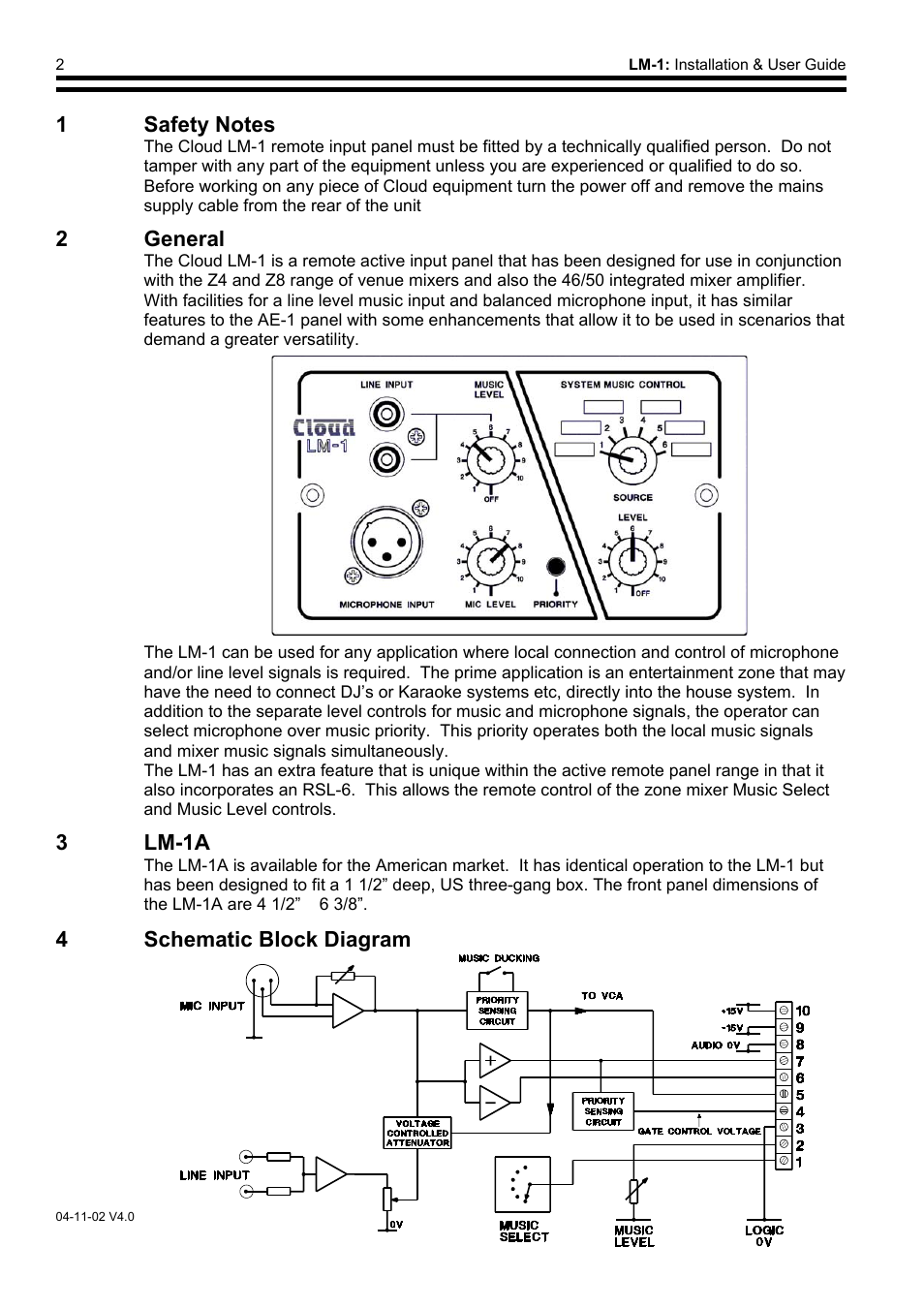 Safety notes, 2general, 4schematic block diagram | 2 general, 3 lm-1a | Cloud Electronics LM-1 User Manual | Page 3 / 8