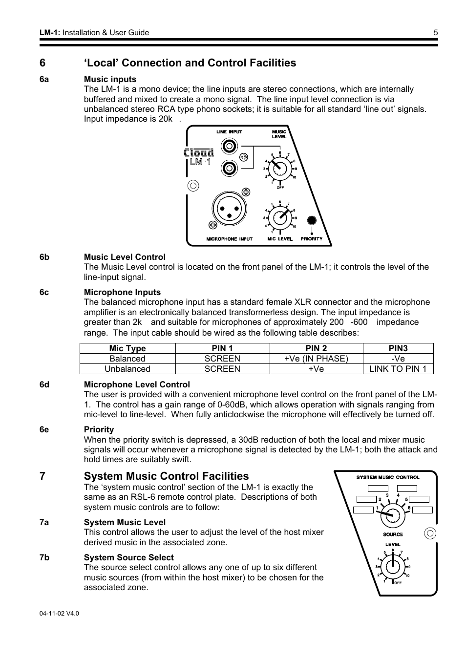 6amusic inputs, 6bmusic level control, 6cmicrophone inputs | 6dmicrophone level control, 6‘local’ connection and control facilities, 7system music control facilities | Cloud Electronics LM-1 User Manual | Page 6 / 8