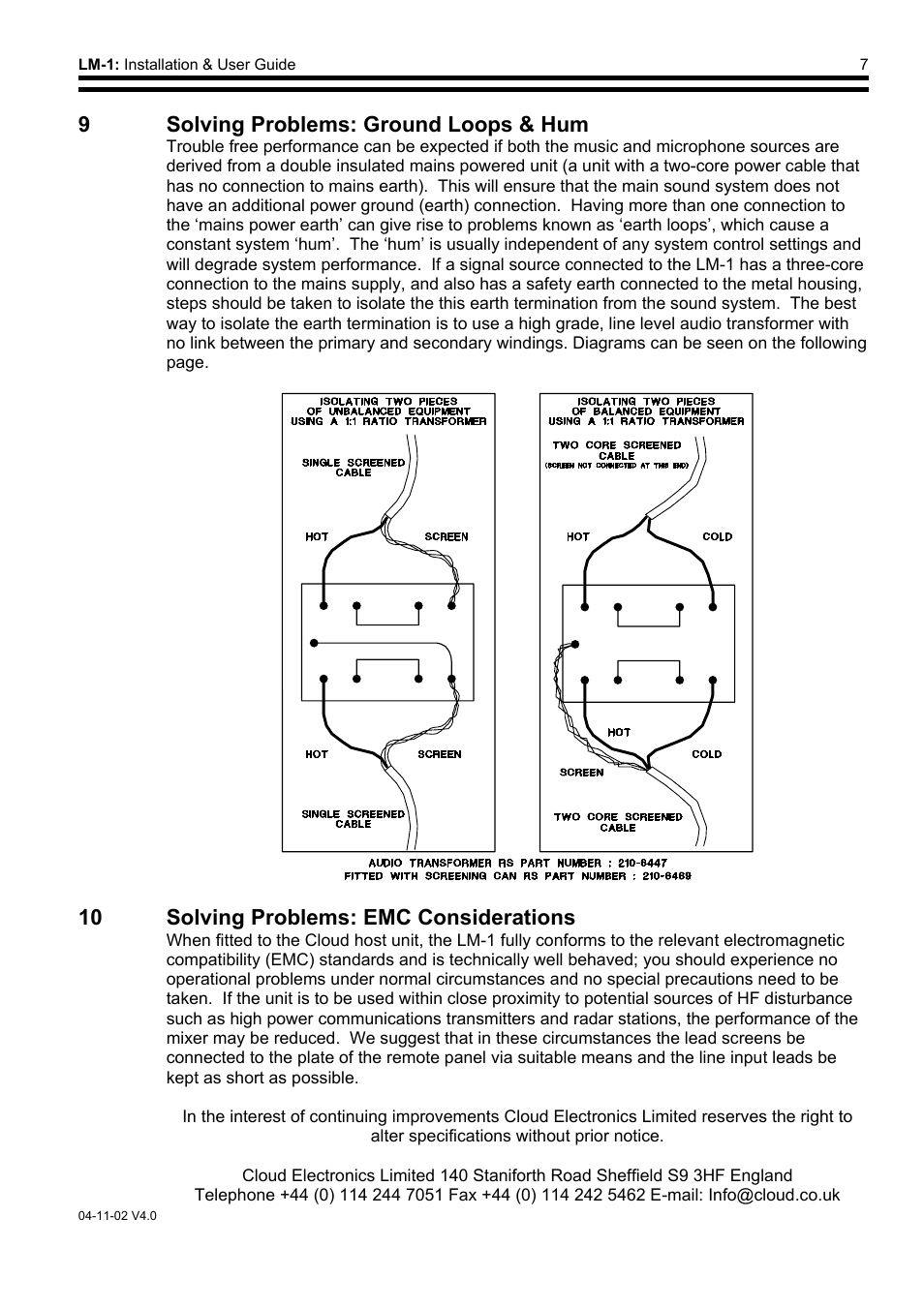 9solving problems: ground loops & hum, 9 solving problems: ground loops & hum, 10 solving problems: emc considerations | Cloud Electronics LM-1 User Manual | Page 8 / 8