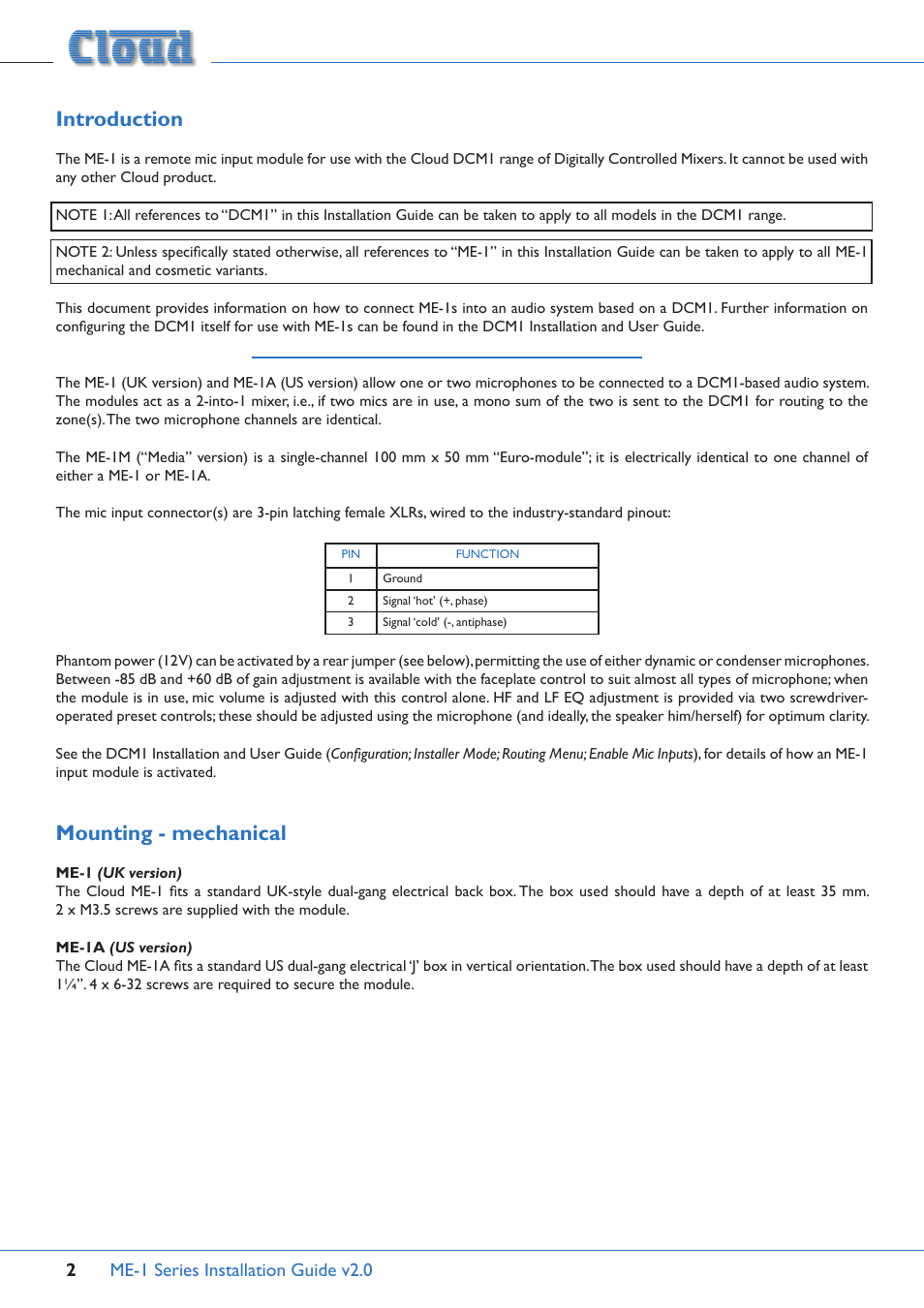 Introduction, Mounting - mechanical, Me-1 series installation guide v2.0 2 | Cloud Electronics ME-1B User Manual | Page 2 / 4