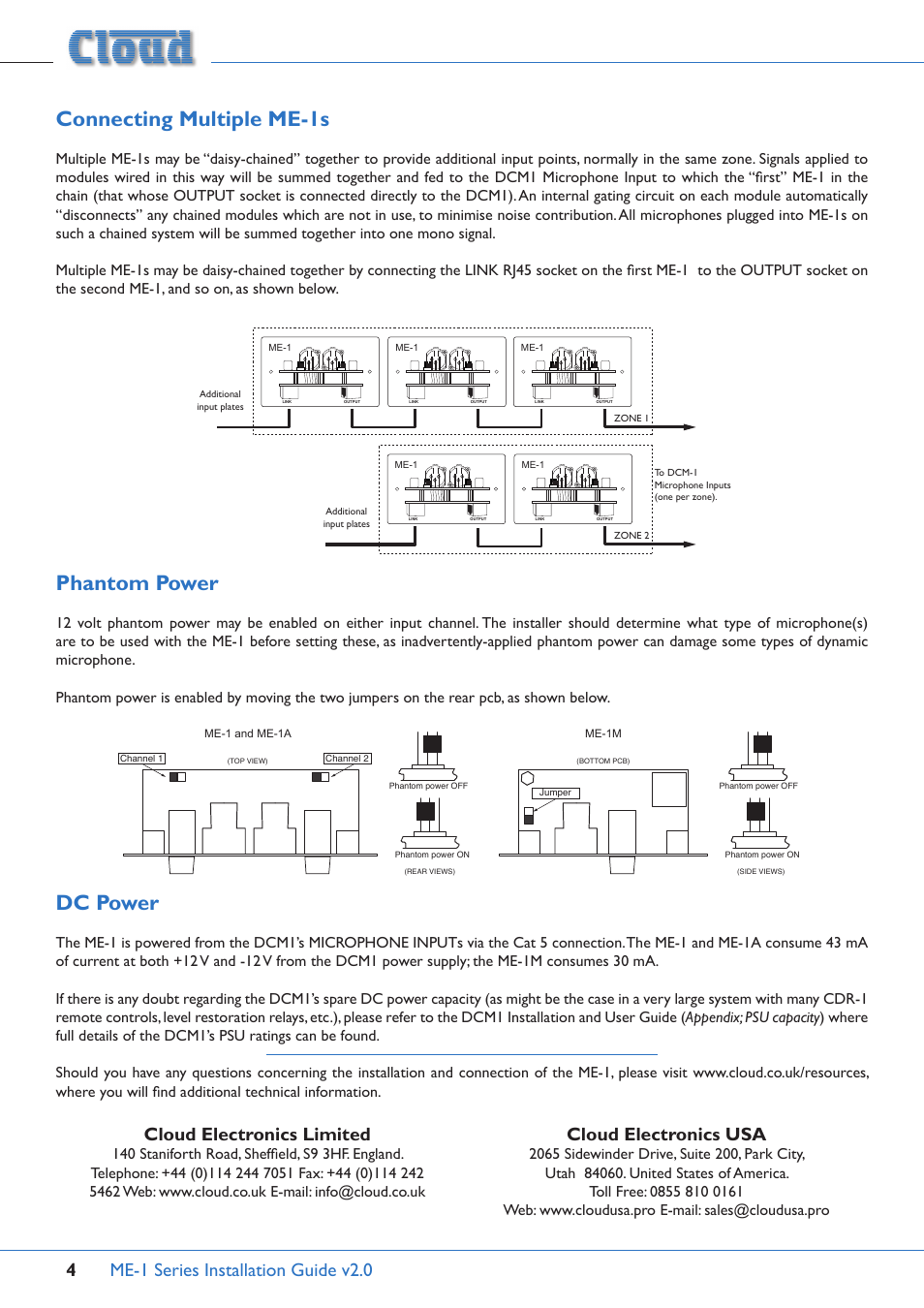 Connecting multiple me-1s, Phantom power, Dc power | Me-1 series installation guide v2.0 4, Cloud electronics limited, Cloud electronics usa | Cloud Electronics ME-1B User Manual | Page 4 / 4