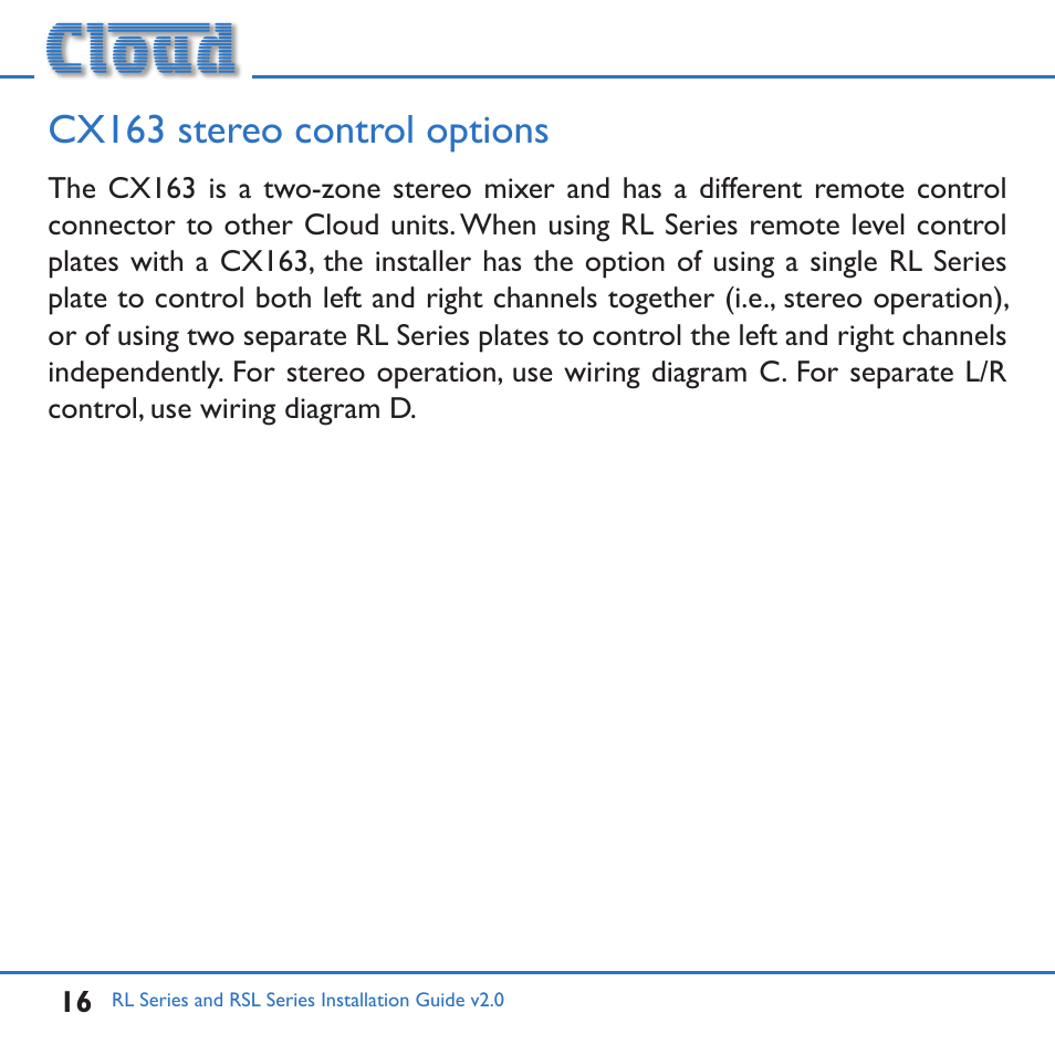 Cx163 stereo control options | Cloud Electronics RL-1MB User Manual | Page 16 / 20