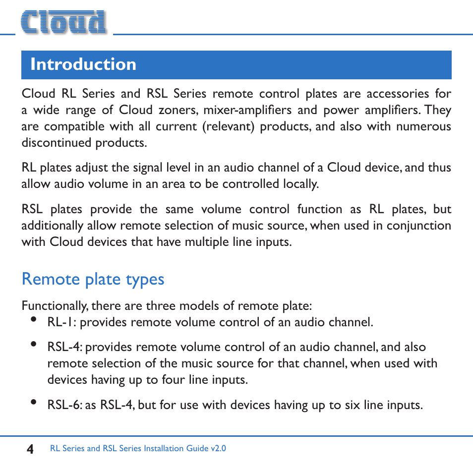 Introduction, Remote plate types | Cloud Electronics RL-1MB User Manual | Page 4 / 20