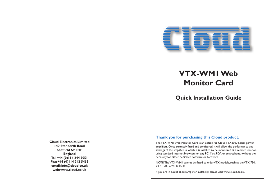 Vtx-wm1 web monitor card, Quick installation guide | Cloud Electronics VTX-WM1 User Manual | Page 2 / 2