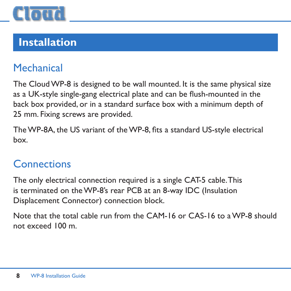 Installation, Mechanical connections, Installation mechanical | Connections | Cloud Electronics WP-8W User Manual | Page 8 / 16