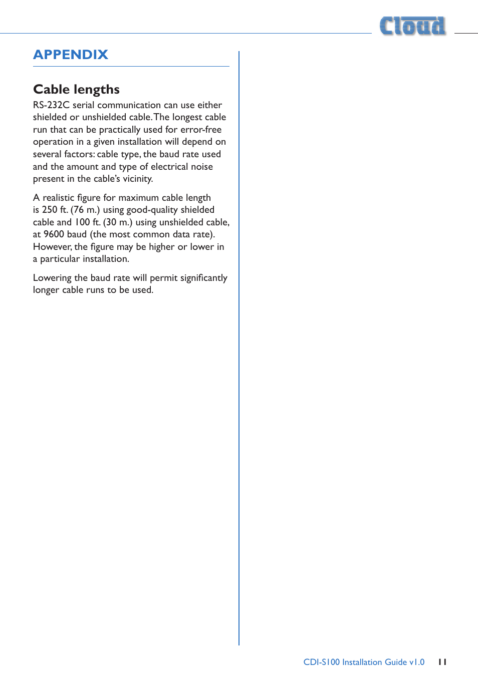 Appendix, Cable lengths, Appendix cable lengths | Cloud Electronics CDI-S100 User Manual | Page 11 / 12