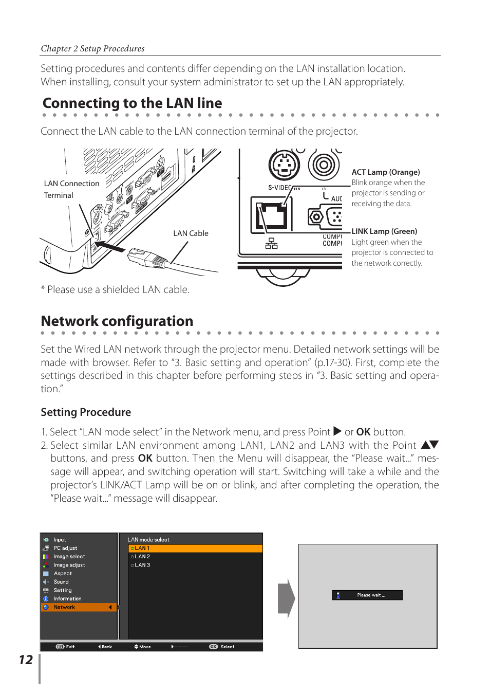 Connecting to the lan line, Network configuration | Canon Projector LV-8235 UST User Manual | Page 12 / 61