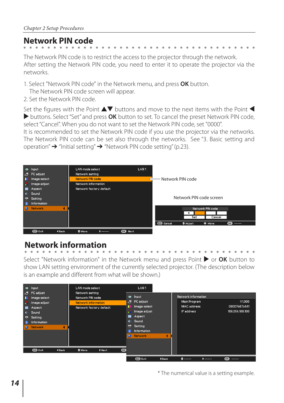 Network pin code, Network information, Network pin code network information | Canon Projector LV-8235 UST User Manual | Page 14 / 61