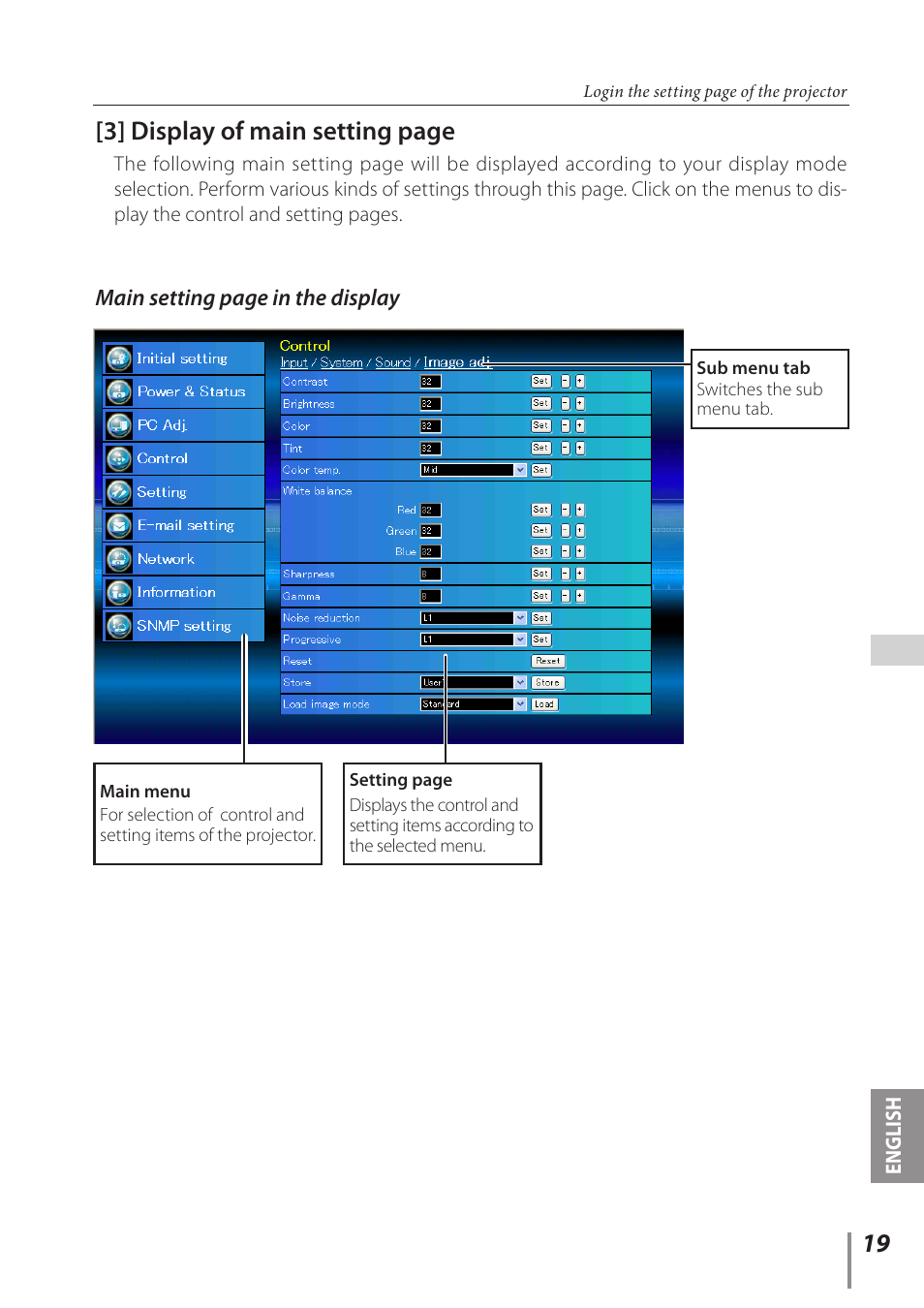 3] display of main setting page | Canon Projector LV-8235 UST User Manual | Page 19 / 61