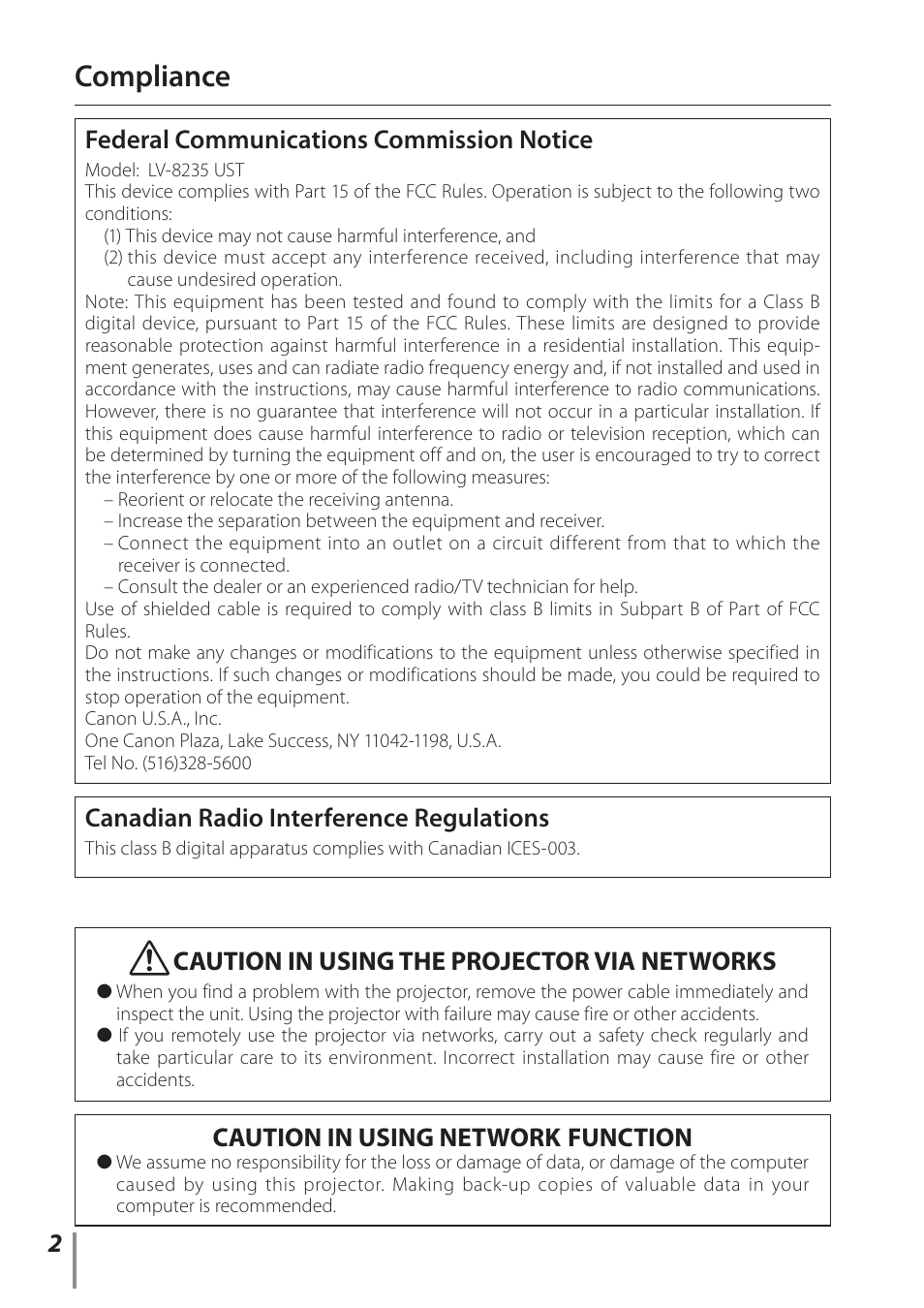 Compliance, Caution in using the projector via networks, Caution in using network function | Federal communications commission notice, Canadian radio interference regulations | Canon Projector LV-8235 UST User Manual | Page 2 / 61